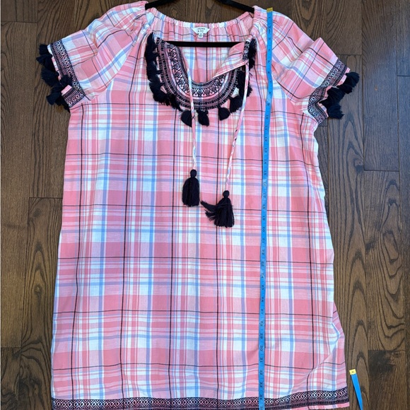 Crown & Ivy Dress Sz 14 Pink Blue White Plaid Tassel Short Sleeve Beach Casual - Picture 10 of 12